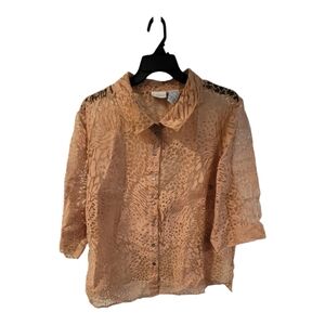 White Stag Womens Plus Sheer Burnout‎ Animal Print Button Up Shirt Top 22W 24W